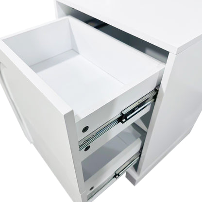 Archen 2 Drawer Arch Detail Bedside Table in White, showcasing partially open drawers with visible metal side-mount slides, smooth interiors, and a sleek, clean-lined design for modern bedroom organization.