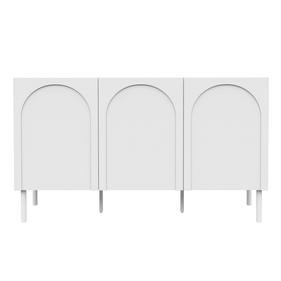 Archen 140cm 3 Door Storage Buffet Sideboard in White, featuring three cabinet doors with recessed arch motifs, slender cylindrical legs, offering ample storage with a modern, minimalist design.