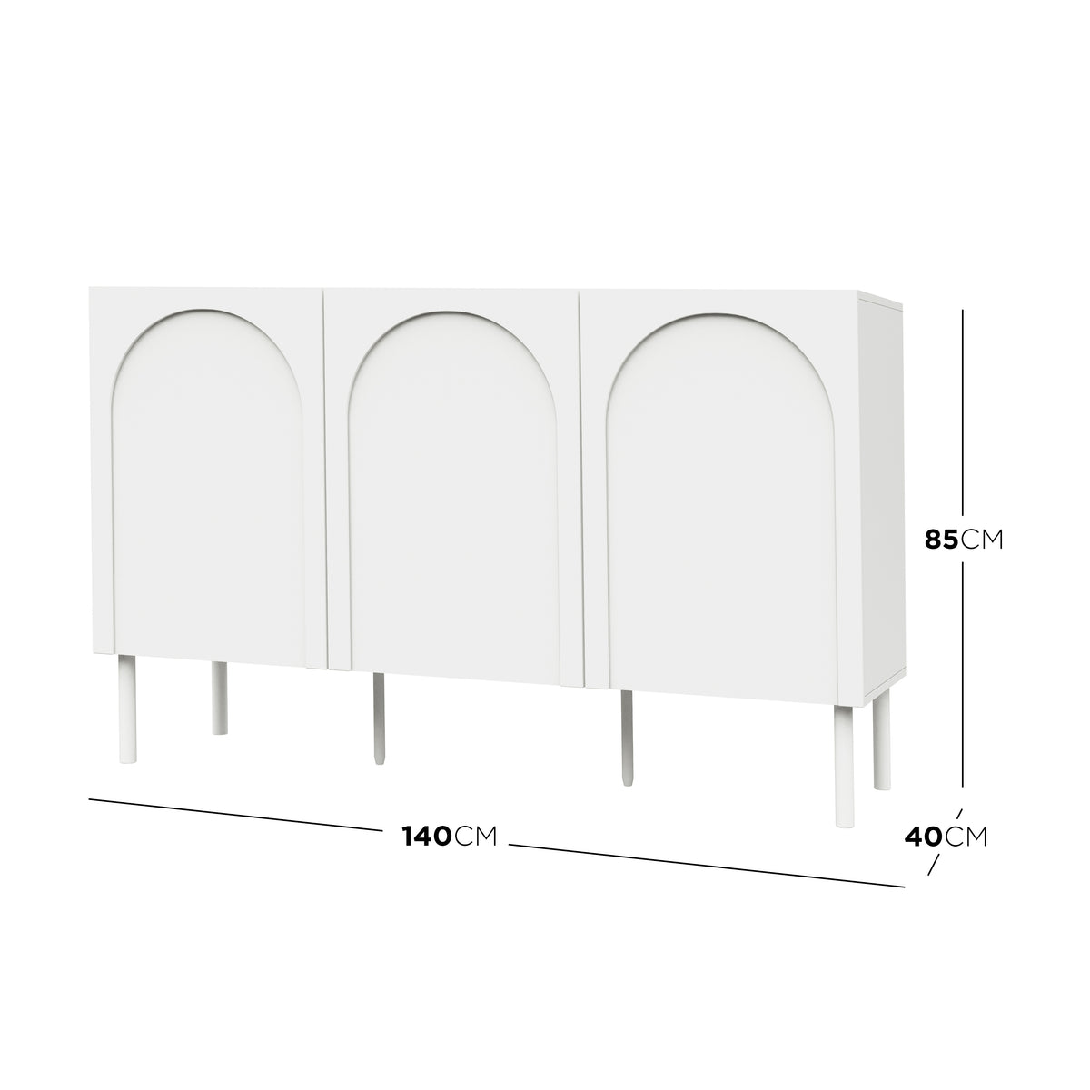 Archen 140cm 3 Door Storage Buffet Sideboard in White features a minimalist design, recessed arch panels, slender legs, and dimension lines showing 140cm width, 85cm height, and 40cm depth.