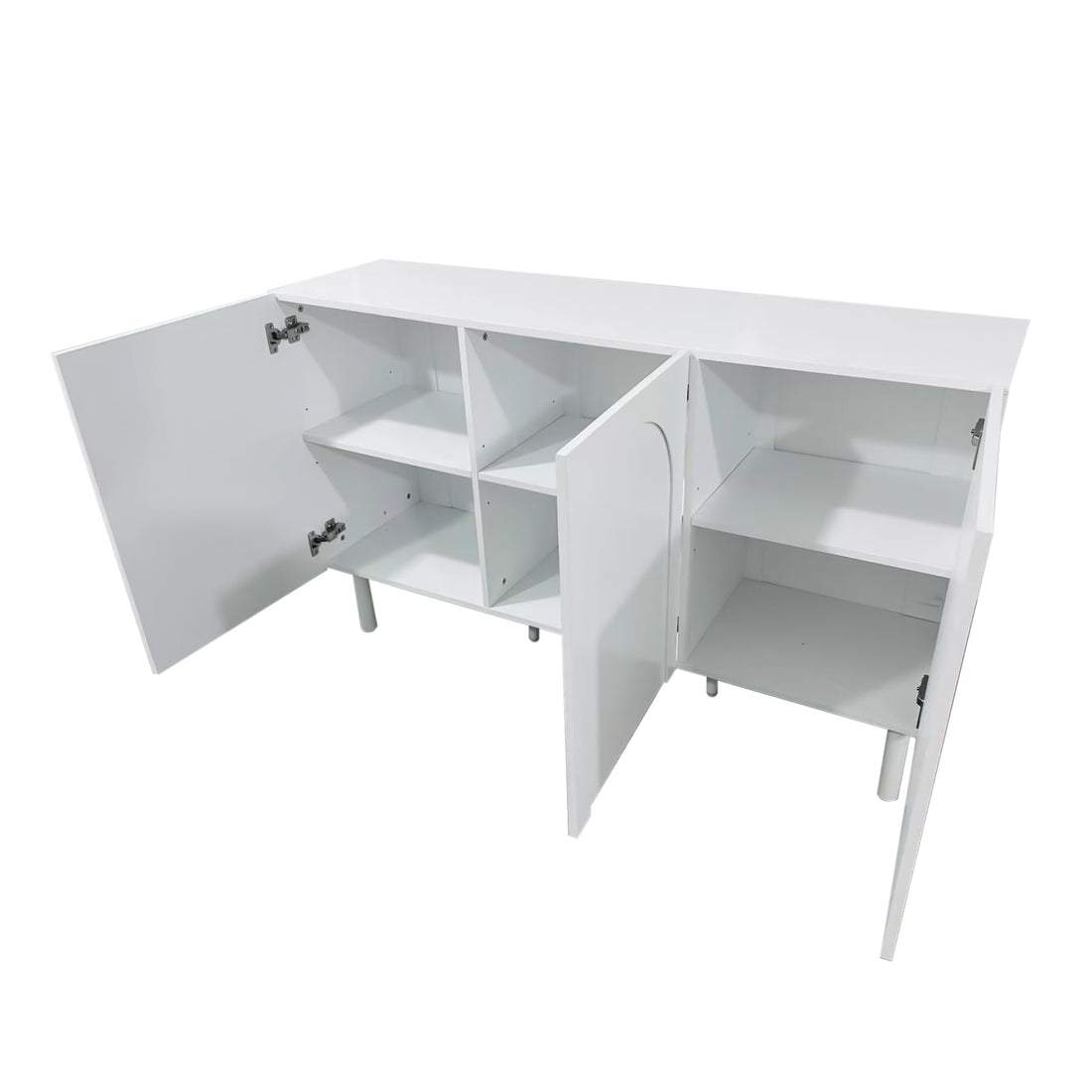 Archen 140cm 3 Door Storage Buffet Sideboard in White, featuring adjustable shelving inside three open cabinet doors, supported by short round legs, with a smooth white laminate finish.