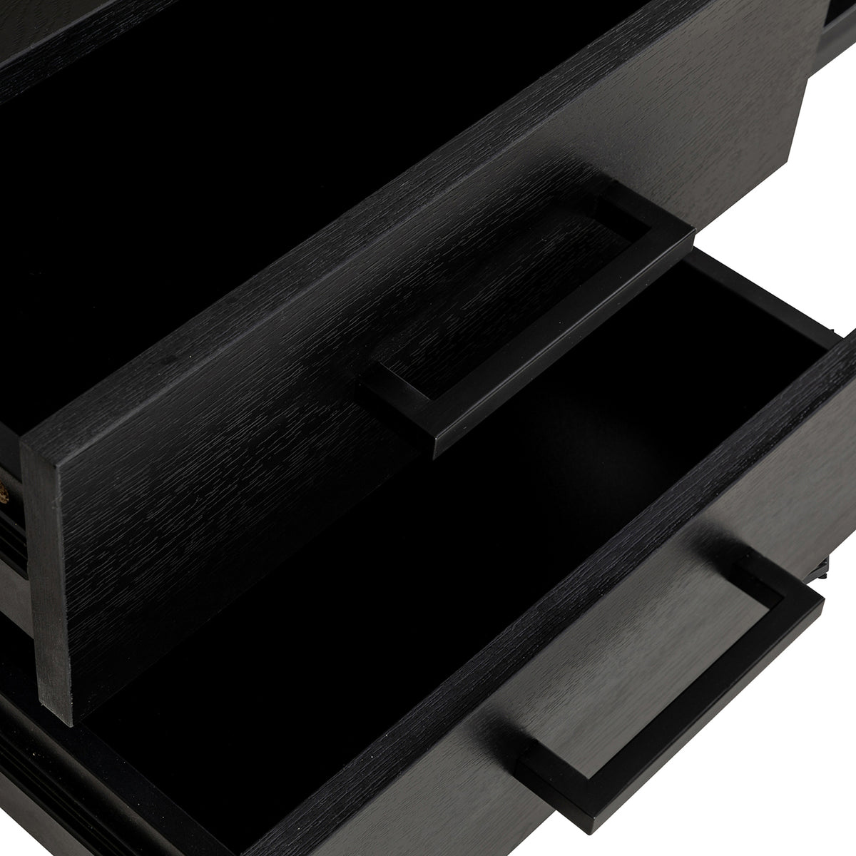 Ashley 160cm TV Unit with Fluted Glass Door Black, featuring open drawers with black rectangular handles, showcasing wood grain texture on drawer fronts.