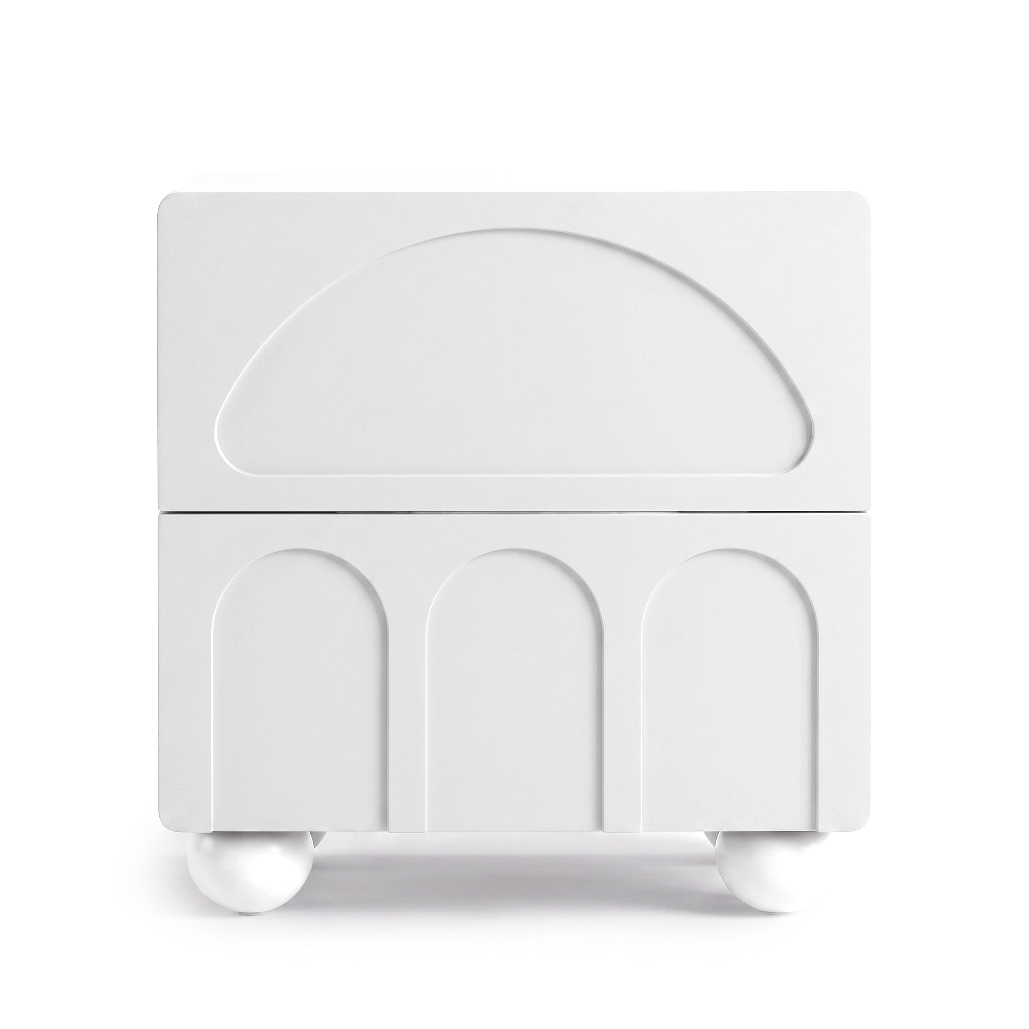 Minimalist white nightstand with geometric front detailing on a white background.