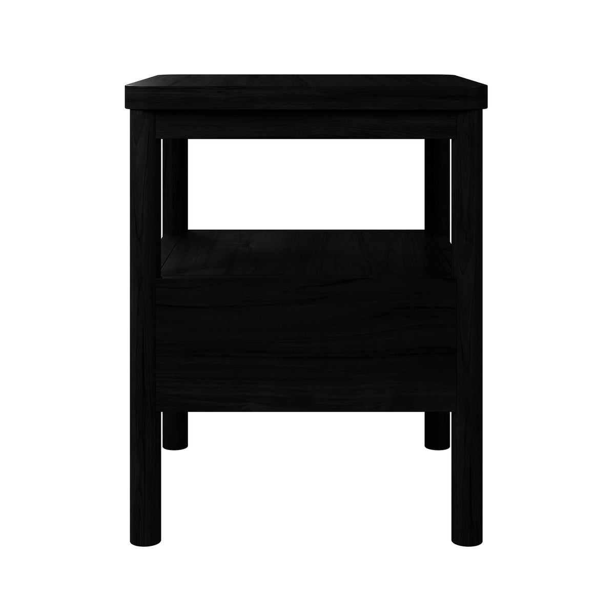 Brett Solid Oak Bedside Table - Black; features a rectangular design with a spacious drawer, shelf, and sturdy legs. Crafted from solid oak, it merges style with functionality for modern interiors.