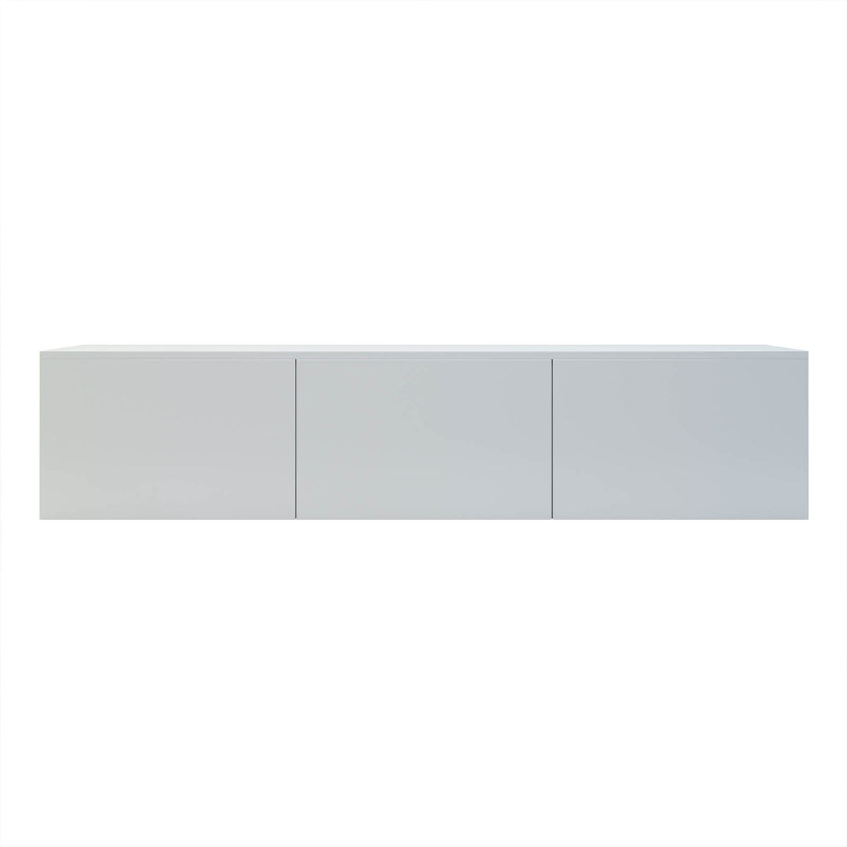 Luxo Bryan Floating Entertainment Unit in Pure White, showcasing a sleek, modern design with three handle-less cabinets. Ideal for tidy cable management and stylishly displaying gaming consoles and decor.