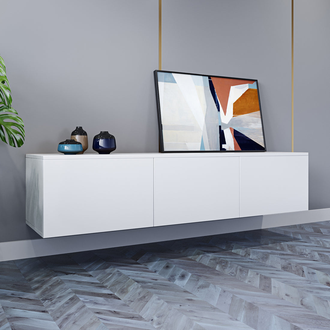 Luxo Bryan Floating Entertainment Unit – Pure White, showcases a sleek, wall-mounted design with three spacious handle-less cabinets, providing organized storage and built-in cable management for a clutter-free, modern aesthetic.