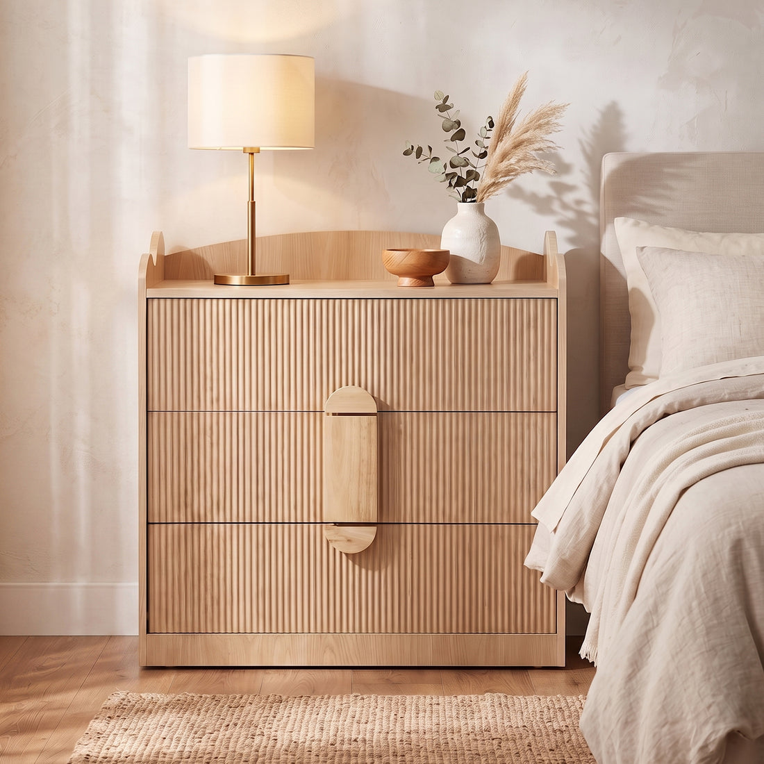 Natural wood fluted three-drawer chest beside bed with lamp and vase