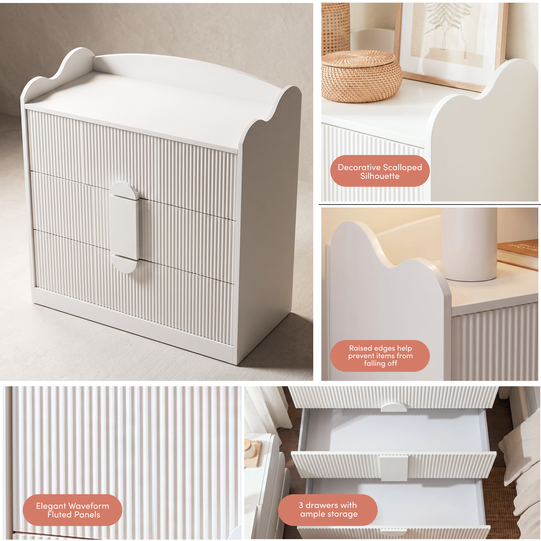 Caden Fluted Chest of Drawers in White