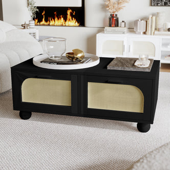 Carlo 110cm Rattan Coffee Table with Storage in Black features gold-tone woven cane panels, a sleek surface adorned with decorative items, and blends seamlessly into a modern living room setup.