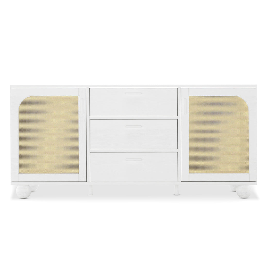 White sideboard with three central drawers and two arched rattan doors on spherical feet, 160cm wide