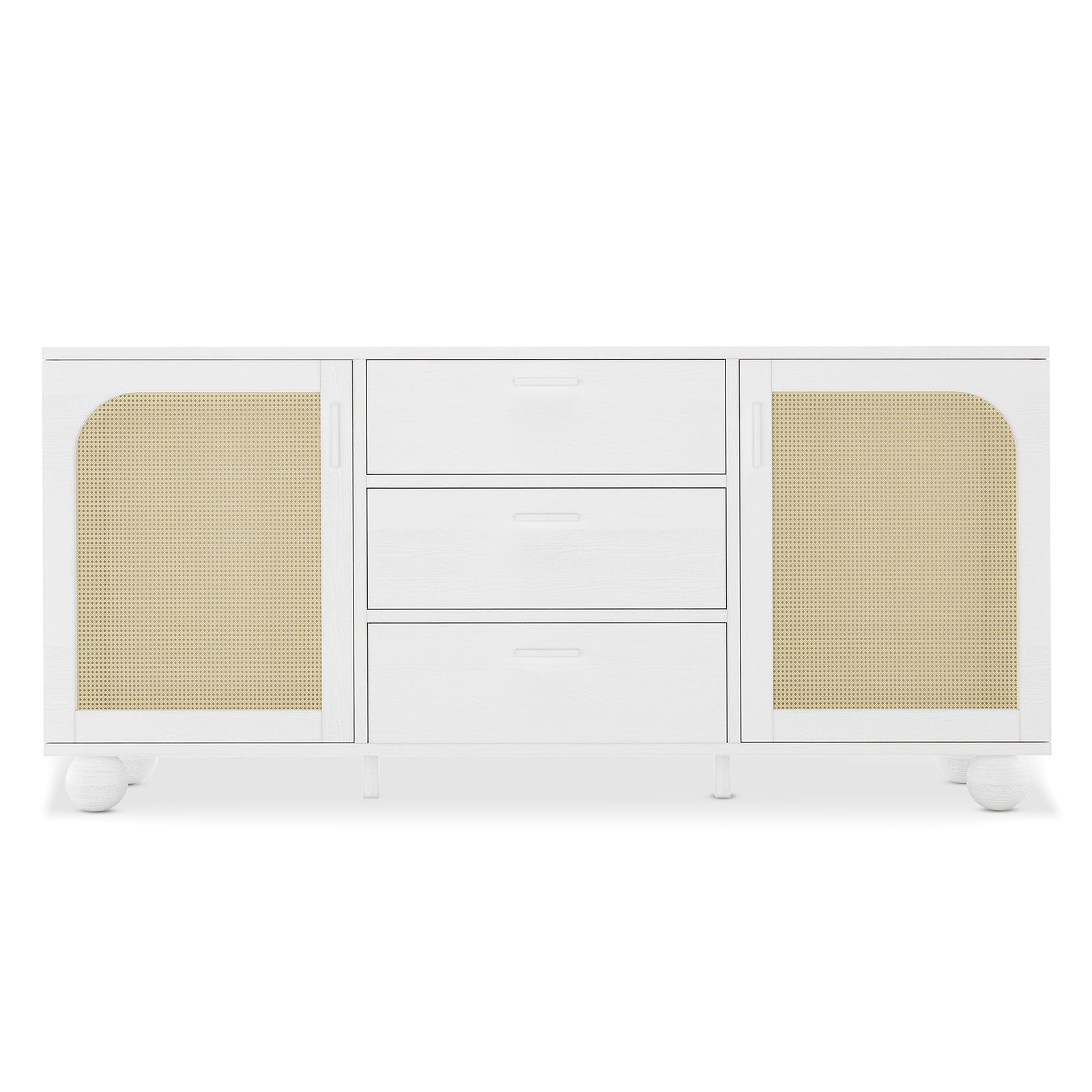 White sideboard with three central drawers and two arched rattan doors on spherical feet, 160cm wide