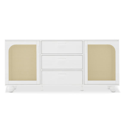 White sideboard with three central drawers and two arched rattan doors on spherical feet, 160cm wide