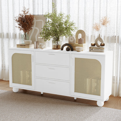 White Carlo 160cm sideboard with rattan doors, three drawers, and rounded feet