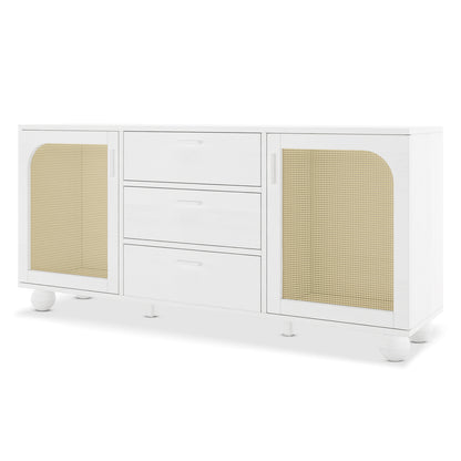 White Carlo 160cm rattan sideboard buffet table with three central drawers, two rattan-panelled doors, and round ball feet