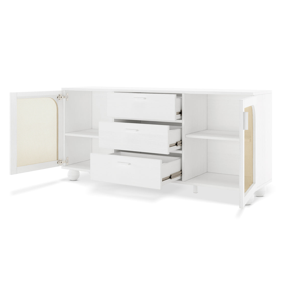 Carlo 160cm white sideboard with three open drawers, two rattan-panelled doors and spherical feet