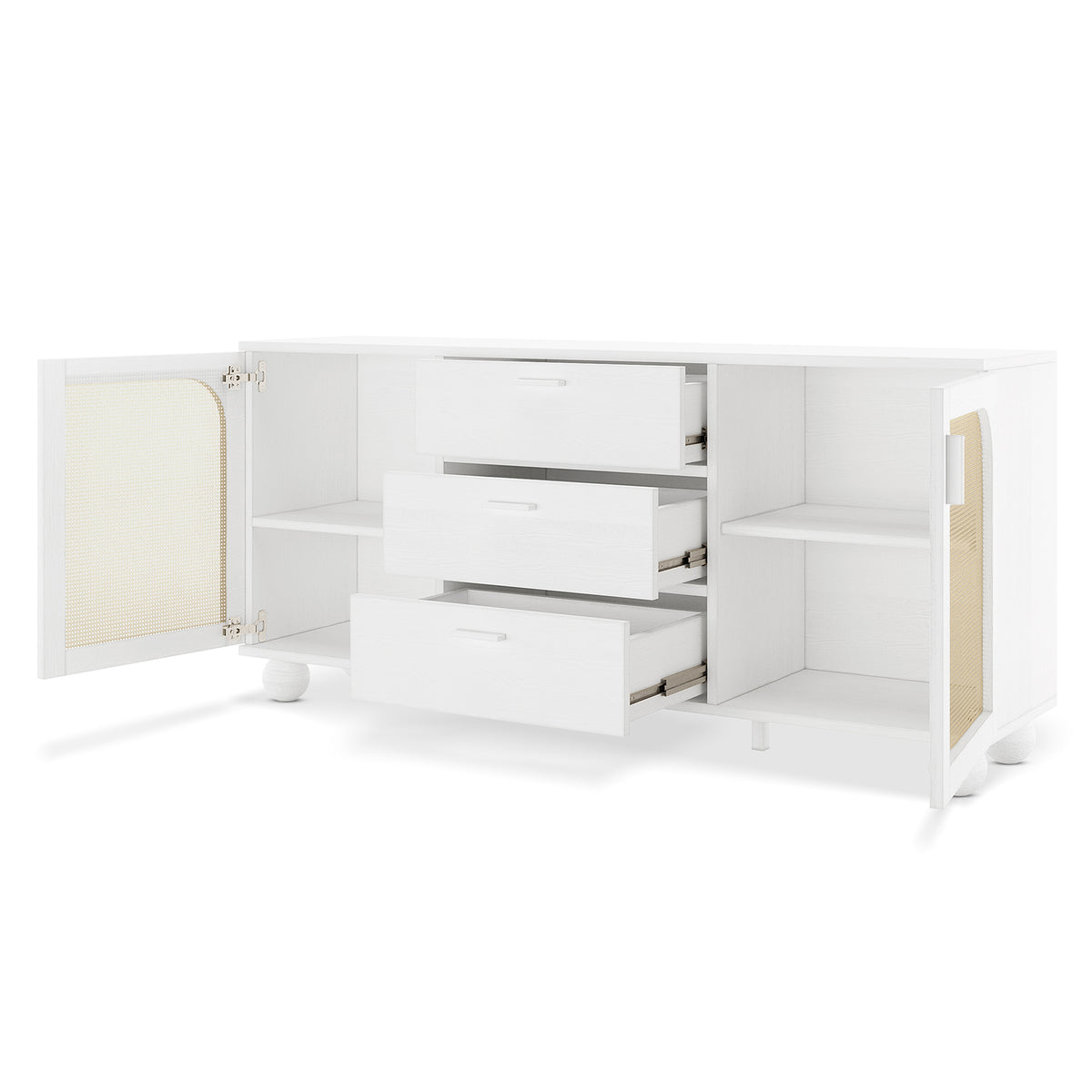 Carlo 160cm white sideboard with three open drawers, two rattan-panelled doors and spherical feet