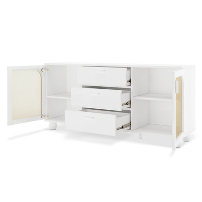 Carlo 160cm white sideboard with three open drawers, two rattan-panelled doors and spherical feet