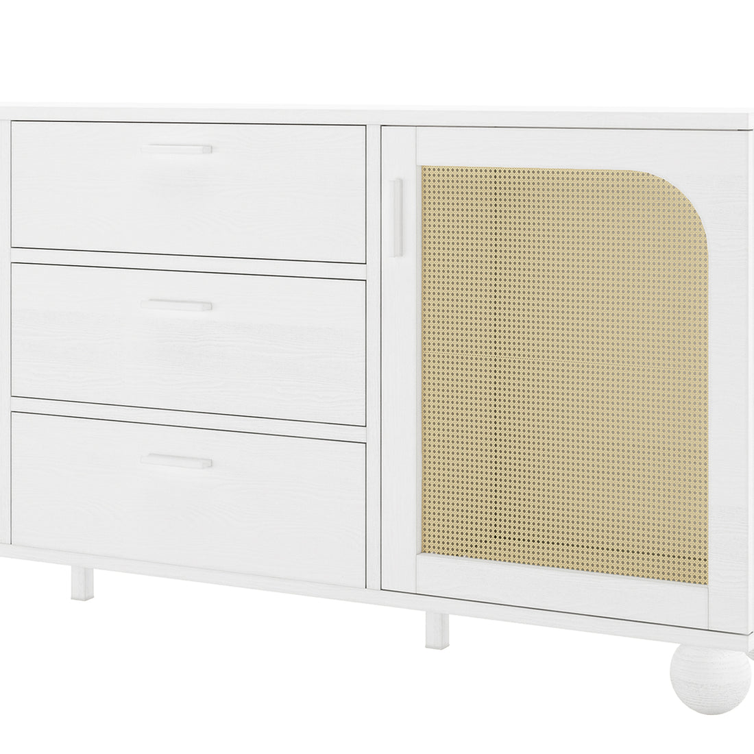 Carlo 160cm white sideboard with three drawers and rattan-panelled cabinet door on rounded legs