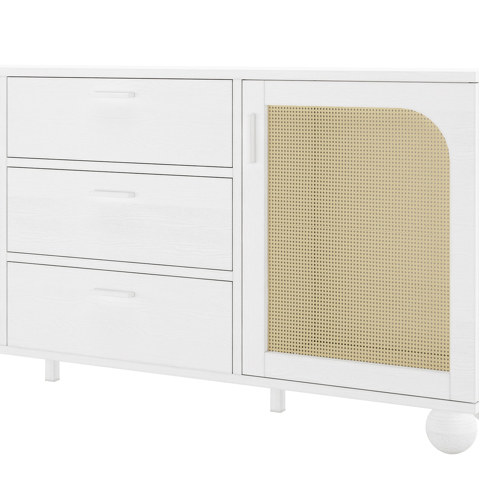 Carlo 160cm white sideboard with three drawers and rattan-panelled cabinet door on rounded legs