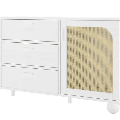 Carlo 160cm white sideboard with three drawers and rattan-panelled cabinet door on rounded legs