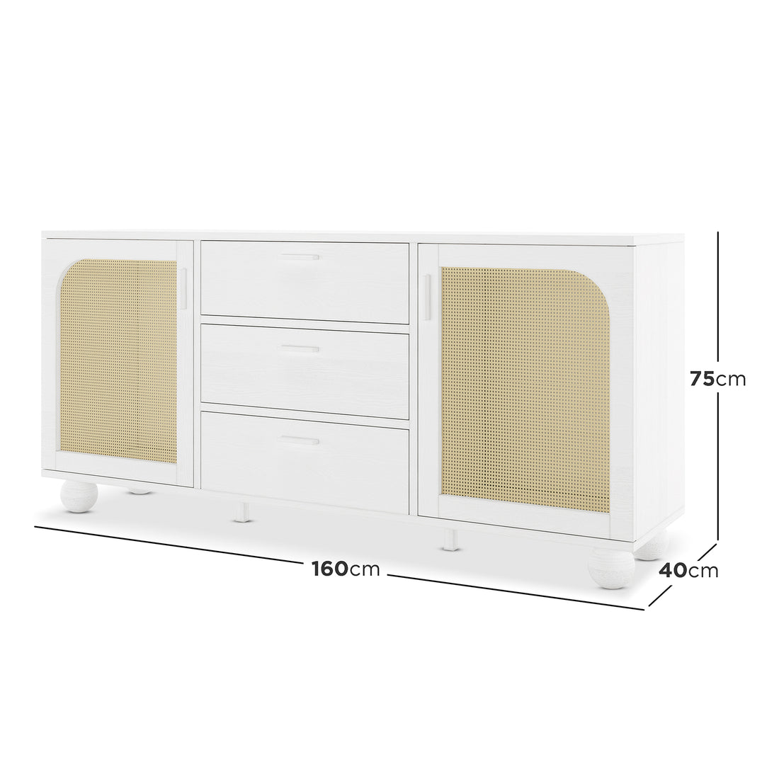 Carlo 160cm white sideboard with rattan doors, three drawers and round feet, 75cm high x 40cm deep