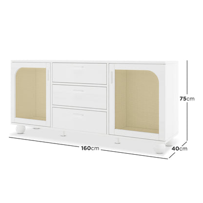 Carlo 160cm white sideboard with rattan doors, three drawers and round feet, 75cm high x 40cm deep