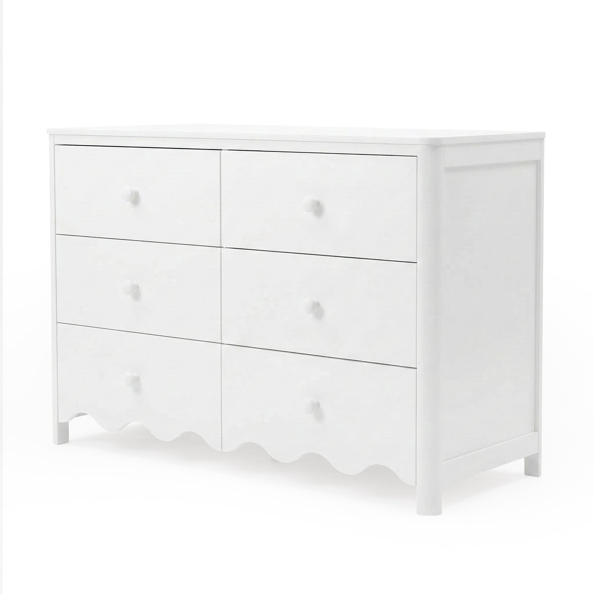 Full view of white six-drawer dresser on plain white background