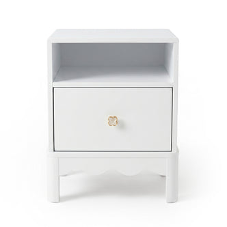 White modern nightstand with open shelf and gold knob on white background