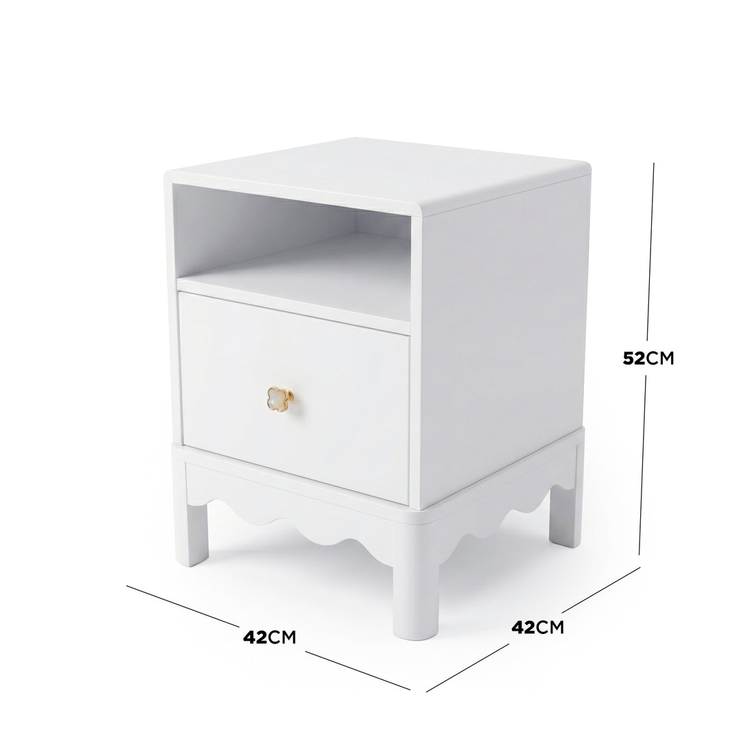 White nightstand with dimension labels on white background - Dimensions