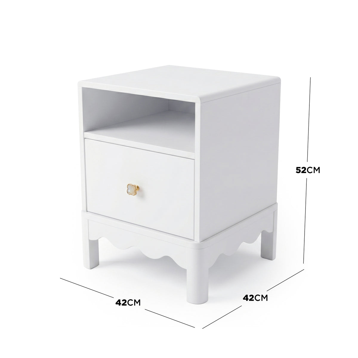 White nightstand with dimension labels on white background - Dimensions