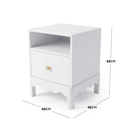 White nightstand with dimension labels on white background - Dimensions