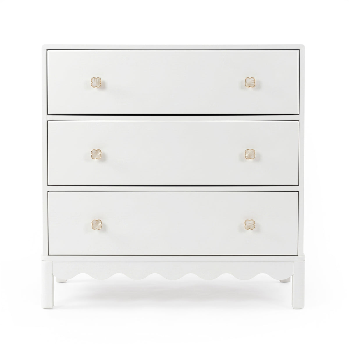 White three-drawer dresser with gold flower knobs on white background