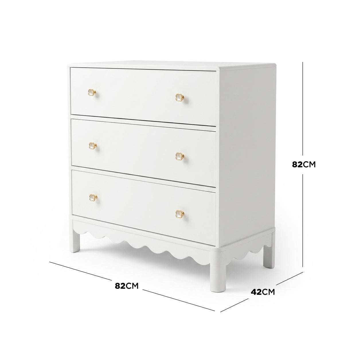 White three-drawer dresser with gold flower knobs on white background