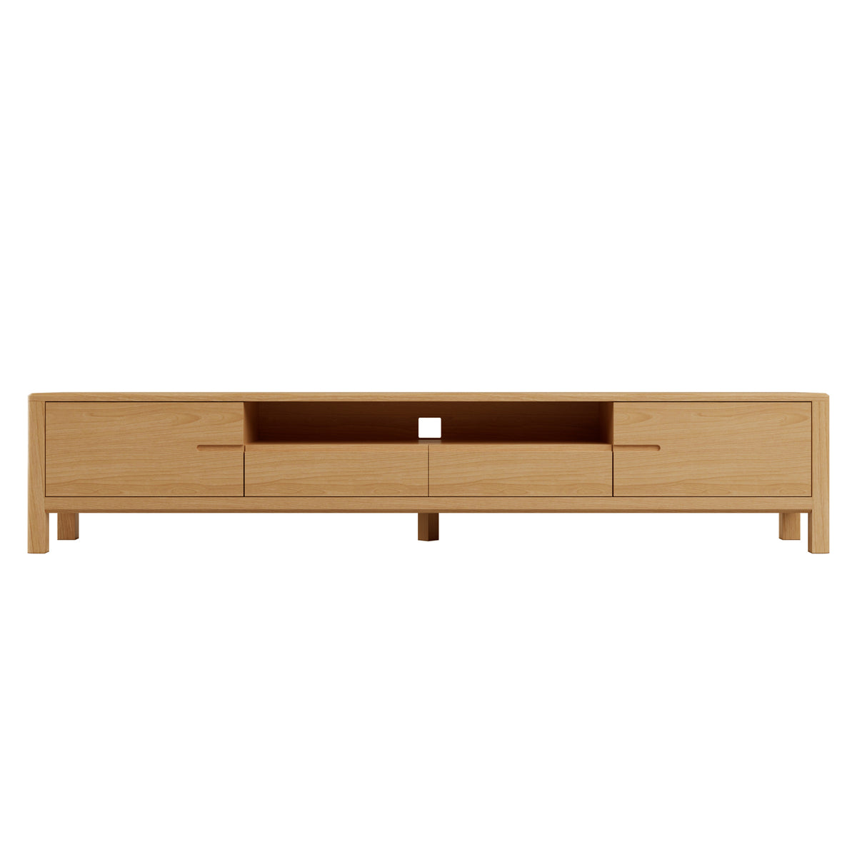 Daphne 200cm American Oak and Timber Entertainment Unit Natural, features a sleek design with two drawers, a central open shelf, and storage compartments with cable holes, highlighting its elegant wood grain.