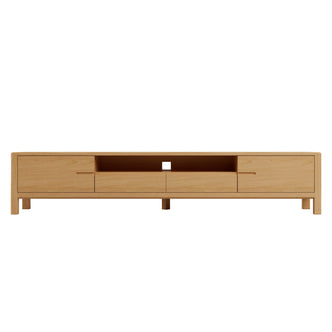 Daphne 200cm American Oak and Timber Entertainment Unit Natural, features a sleek design with two drawers, a central open shelf, and storage compartments with cable holes, highlighting its elegant wood grain.