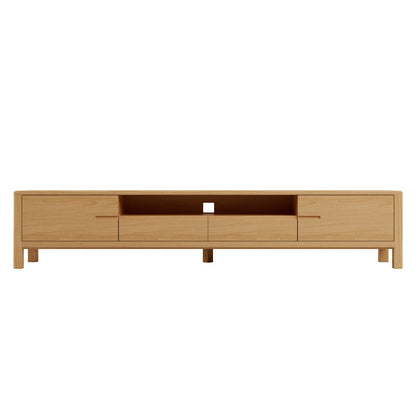Daphne 200cm American Oak and Timber Entertainment Unit Natural, features a sleek design with two drawers, a central open shelf, and storage compartments with cable holes, highlighting its elegant wood grain.