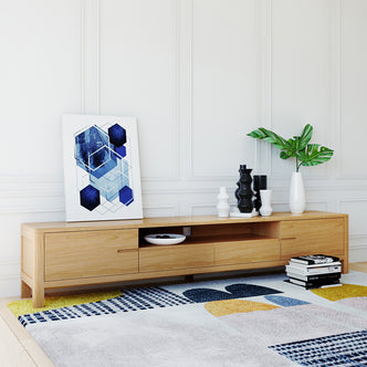 Daphne 200cm American Oak and Timber Entertainment Unit Natural, showcasing sleek, curved lines and robust craftsmanship. Features visible include spacious shelving, swing close doors, and slide-out drawers, all emphasizing solid oak wood construction.