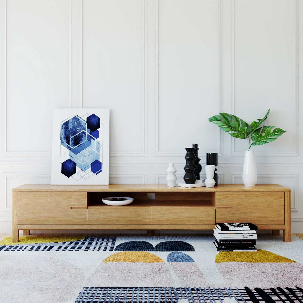 Daphne 200cm American Oak and Timber Entertainment Unit showcased with its sleek, curved lines and distinct wood grain, complemented by spacious storage areas and cable management features, enhancing any modern living space.