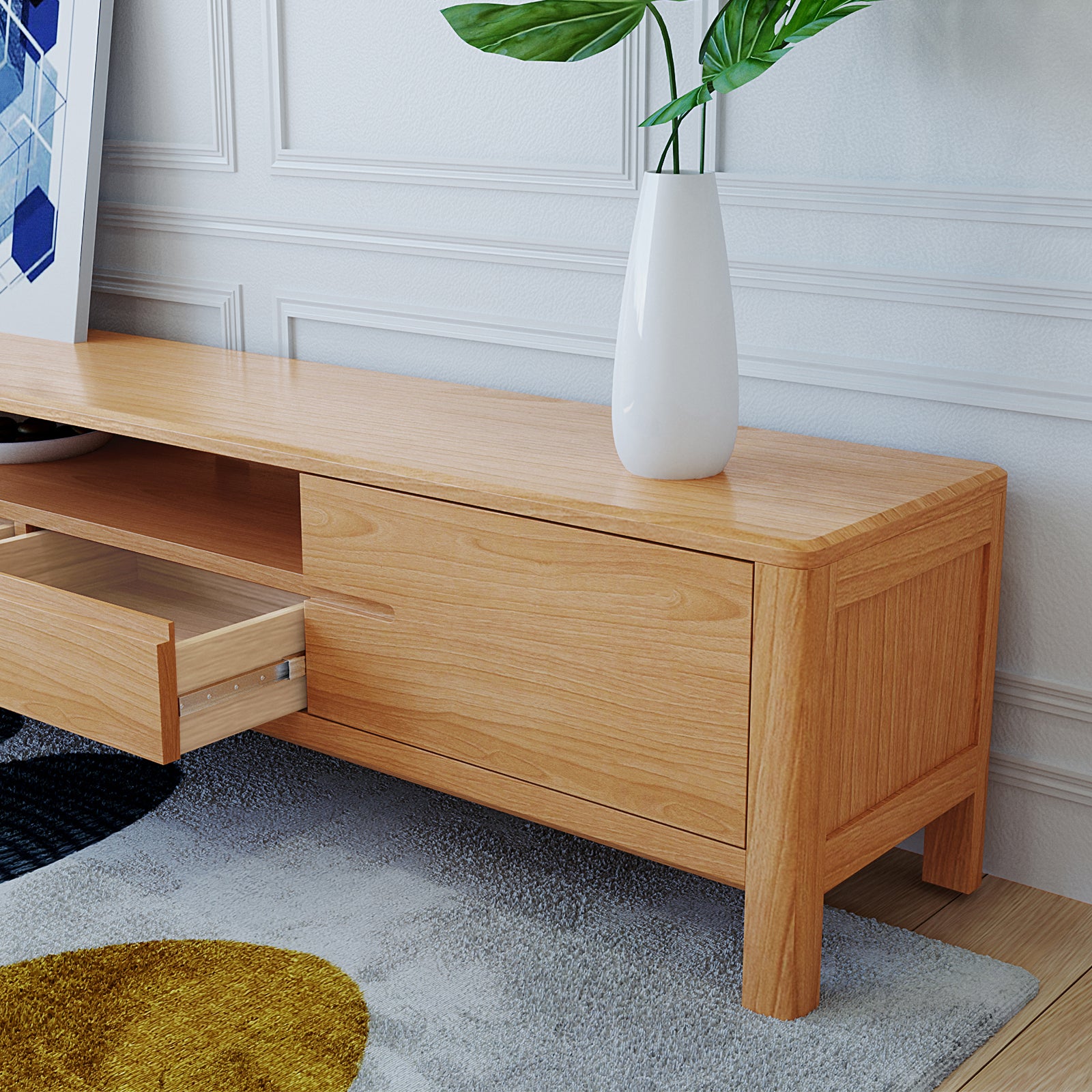 Daphne 200cm American Oak and Timber Entertainment Unit Natural with sleek, curved corners, visible wood grains, swing doors, open shelf, and drawers, set against a minimalistic indoor backdrop.