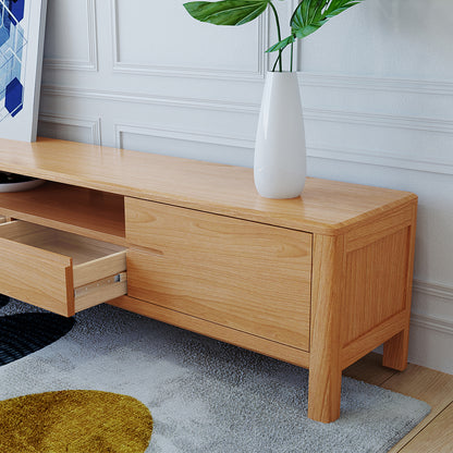 Daphne 200cm American Oak and Timber Entertainment Unit Natural with sleek, curved corners, visible wood grains, swing doors, open shelf, and drawers, set against a minimalistic indoor backdrop.