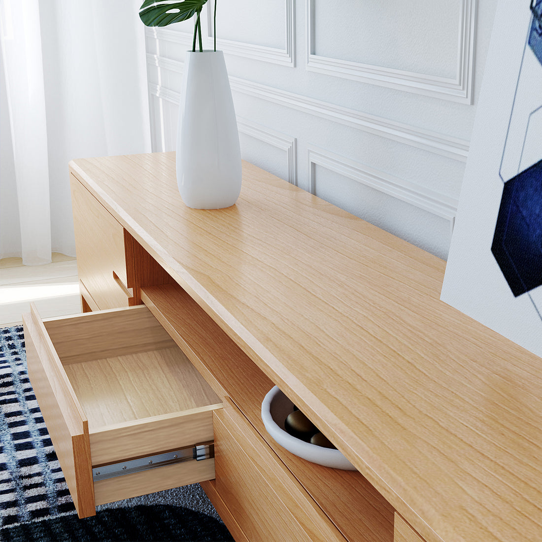 Daphne 200cm American Oak and Timber Entertainment Unit Natural, showcasing sleek, curved lines and distinct wood grains. The unit features storage compartments and an open shelf, highlighting its Scandinavian-inspired design.