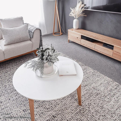 Daphne 200cm American Oak and Timber Entertainment Unit Natural showcases sleek lines and visible wood grain, with a spacious design featuring swing doors, open shelf, and slide-out drawers for ample storage.
