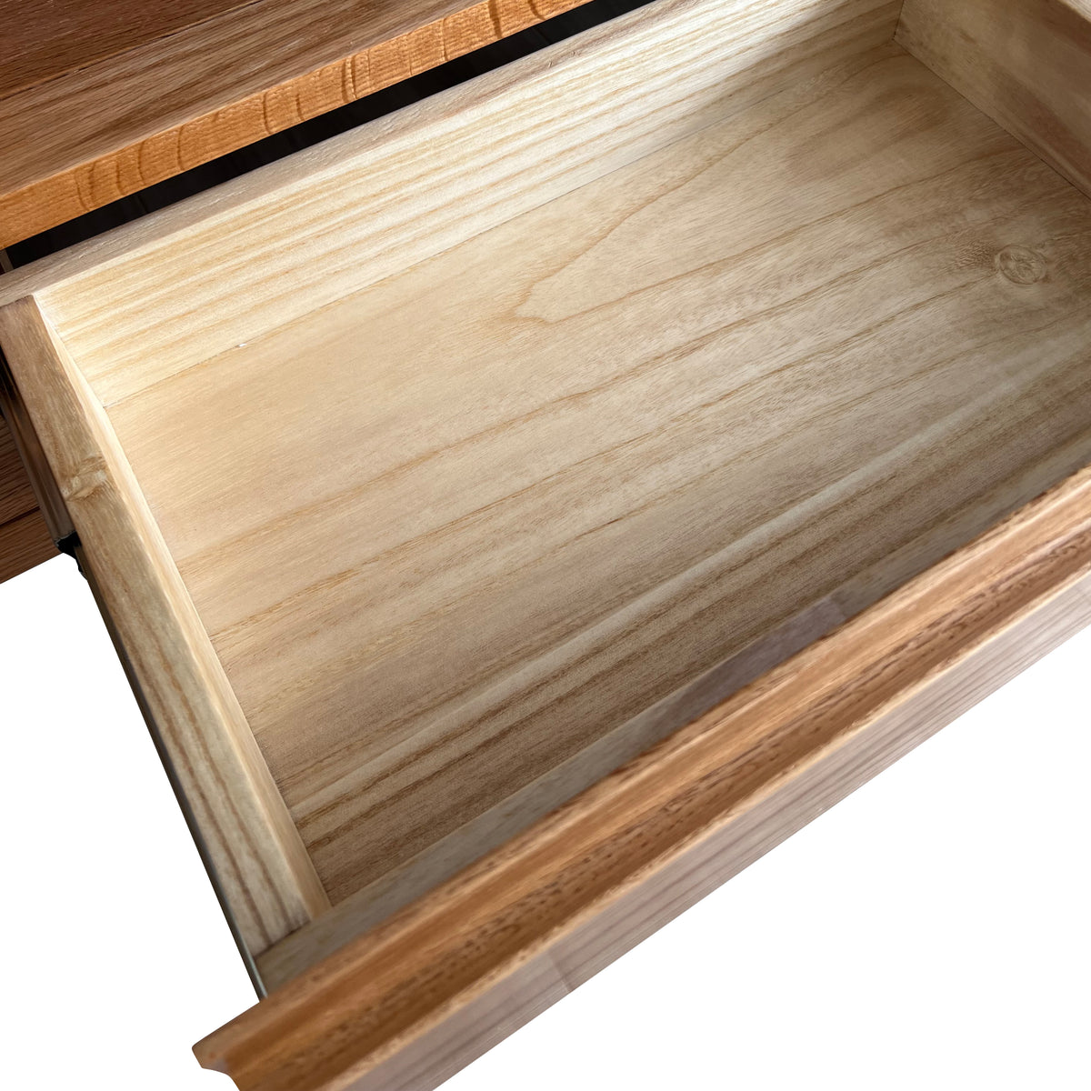 Daphne 200cm American Oak and Timber Entertainment Unit Natural showcasing sleek, curved lines, distinct wood grain patterns, and ample storage with cable holes, crafted from robust North American oak wood.