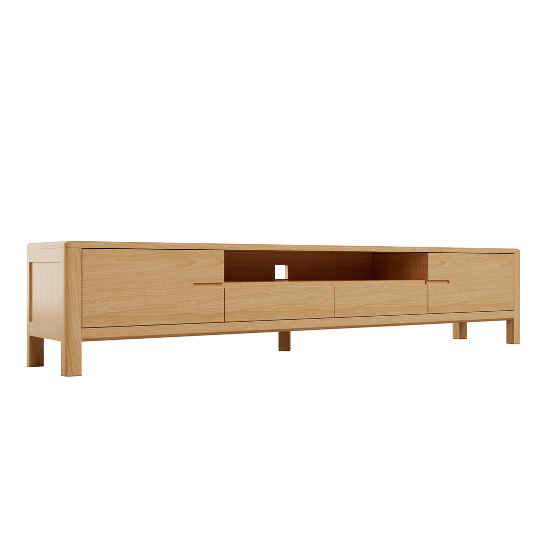 Daphne 200cm American Oak and Timber Entertainment Unit Natural features a sleek design with visible wood grain, a large central shelf with a cable hole, and side compartments with swing doors.