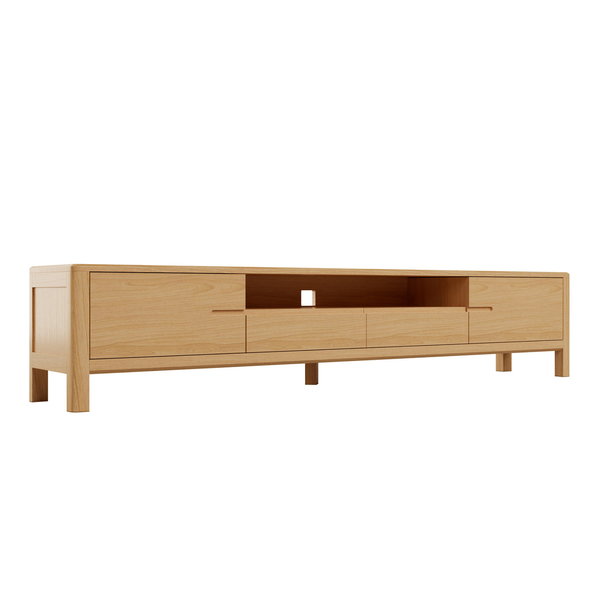 Daphne 200cm American Oak and Timber Entertainment Unit Natural features a sleek design with visible wood grain, a large central shelf with a cable hole, and side compartments with swing doors.