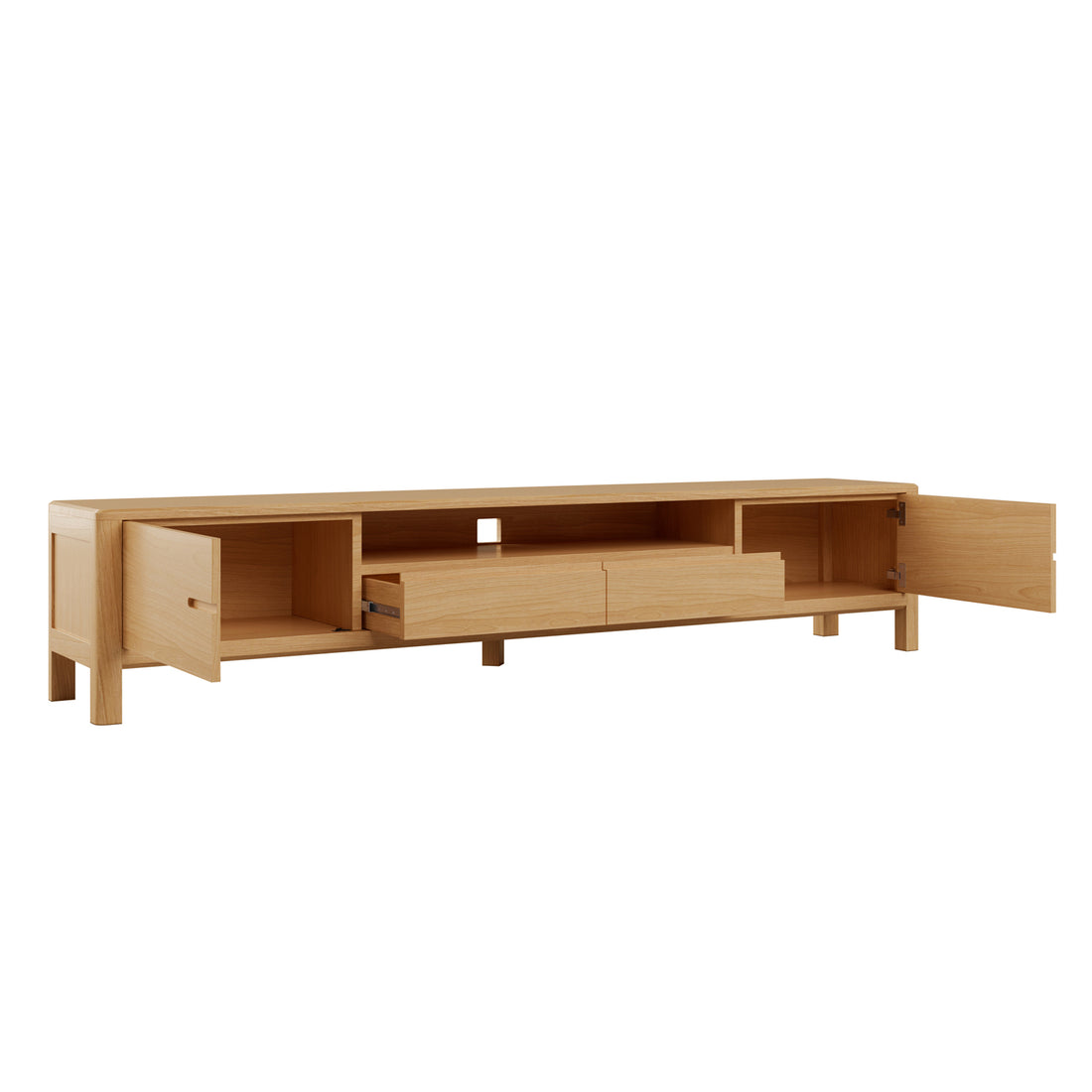 Daphne 200cm American Oak and Timber Entertainment Unit Natural featuring open drawers, sleek curved corners, and striking wood grain, showcasing spacious storage compartments and durable North American oak construction.