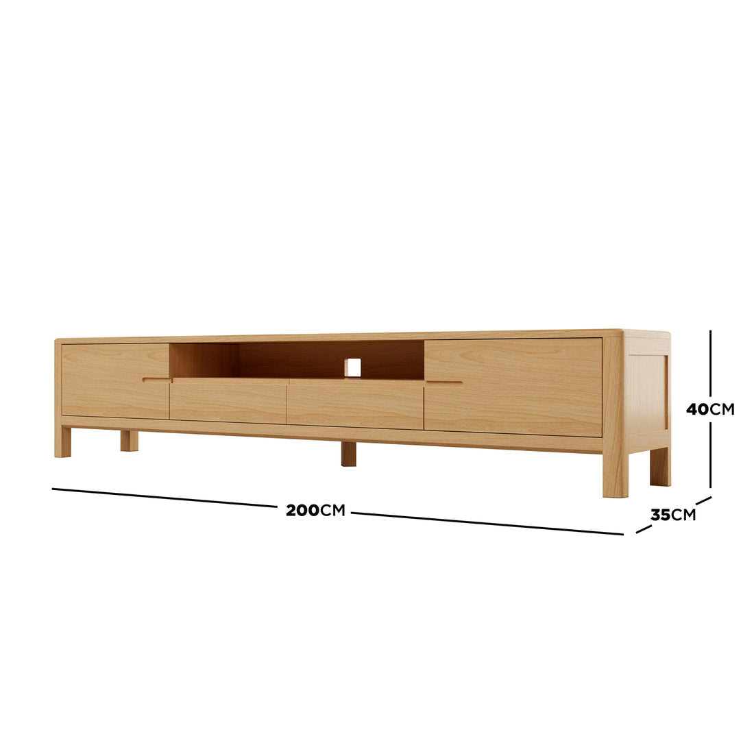 Daphne 200cm American Oak and Timber Entertainment Unit Natural featuring sleek Scandinavian design, curved corners, visible wood grain patterns, two side compartments, central shelf, and two bottom drawers.