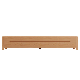 Declan 200cm American Oak Timber Entertainment Unit Natural, featuring sleek design with four drawers, smooth edges, and visible wood grain, showcasing its sturdy construction and ample space for large TVs.