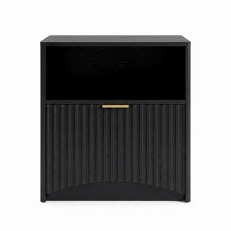 Centered black modern nightstand on a white background