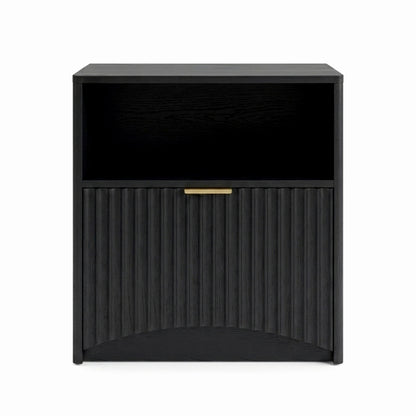 Centered black modern nightstand on a white background