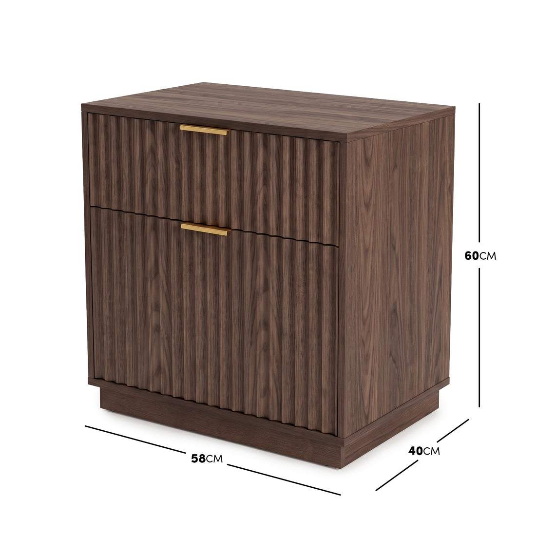 Modern walnut cabinet with dimensions shown on a white background